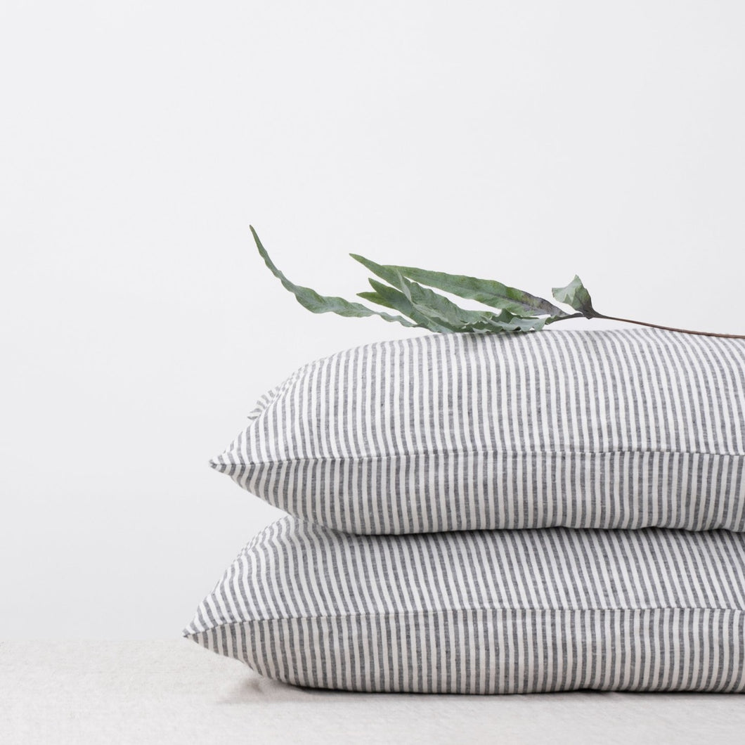 Set of Two Linen Bed Pillow Case in Thin Stripes
