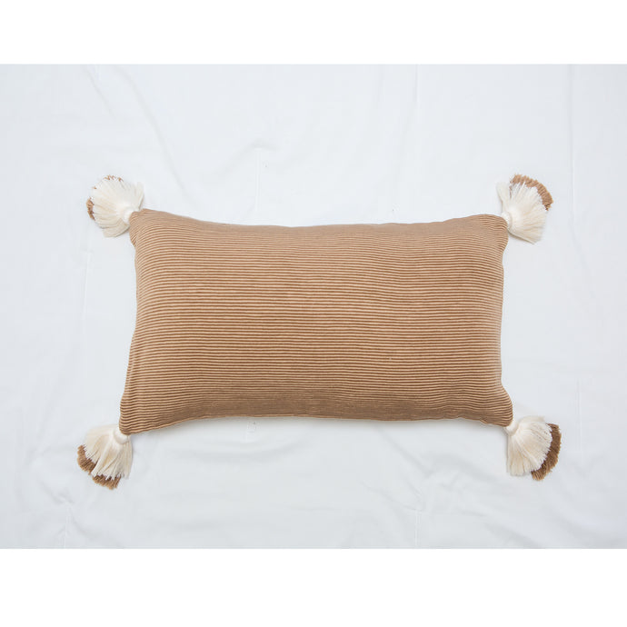 designer lumbar neutral camel pillow with tassels