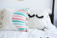 Load image into Gallery viewer, Washable pillow in cream, pink and teal with pom poms