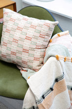 Load image into Gallery viewer, Decorative throw pillow with camel, green, and gray designs 18" x 18" 