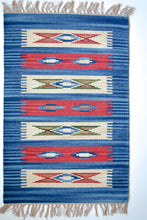 Load image into Gallery viewer, blue and red kilim rug with nomad motif