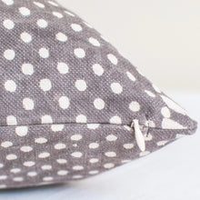 Load image into Gallery viewer, gray throw pillow with white motifs and zipper close 24x24 size