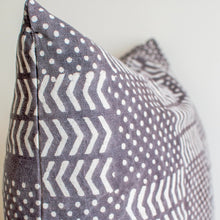 Load image into Gallery viewer, gray throw pillow with white motifs and zipper close 24x24 size