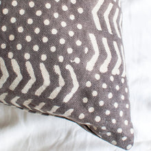 Load image into Gallery viewer, gray throw pillow with white motifs and zipper close 24x24 size