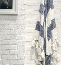 Load image into Gallery viewer, Designer striped throw in navy blue with tassels