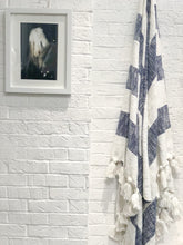 Load image into Gallery viewer, Designer striped throw in navy blue with tassels