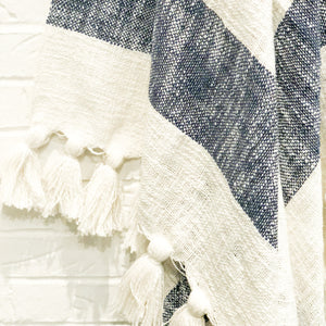 Designer striped throw in navy blue with tassels