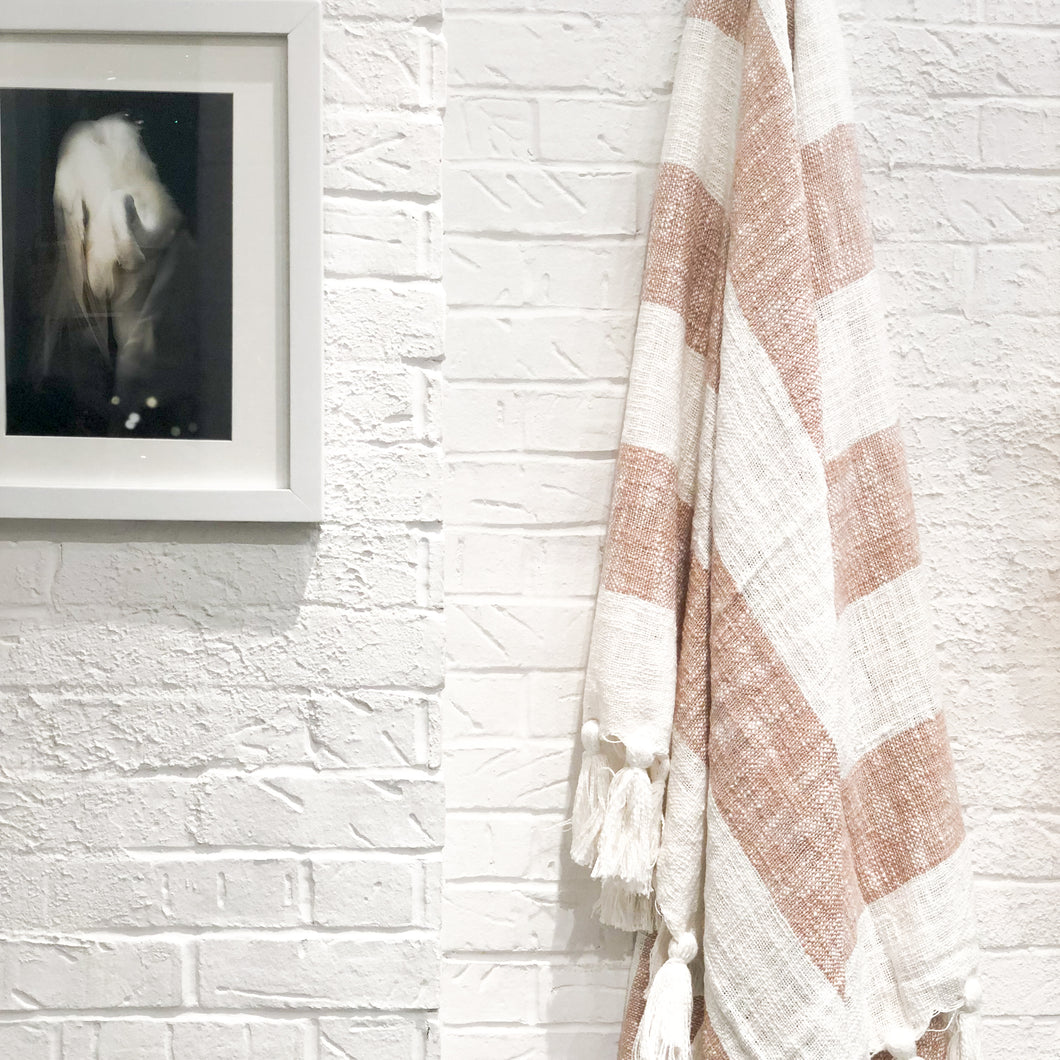 Neutral camel designer throw blanket with tassels 