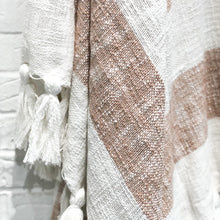Load image into Gallery viewer, striped camel and white throw with tassels 
