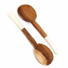 Load image into Gallery viewer, Olive Wood Salad Servers with Bone Handles, White with Etching Design