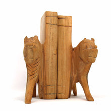 Load image into Gallery viewer, Carved Wood Lion Book Ends, Set of 2