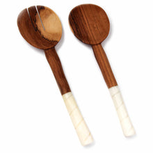 Load image into Gallery viewer, Olive Wood Salad Servers with Bone Handles, White with Etching Design